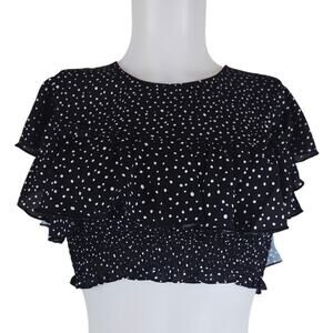 Blue Life Black Poka Dot Crop Ruffle Women Blouse Size S